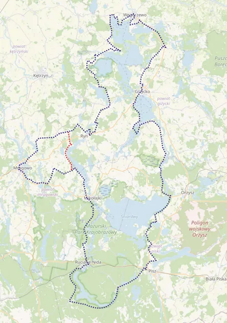 Mapa przebiegu Mazurskiej Pętli Rowerowej